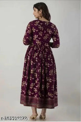 Rayon printed Anarkali kurtis for women, petite size with three-quarter sleeves, Indian fashion in vibrant patterns, S bust 36in, L 50in